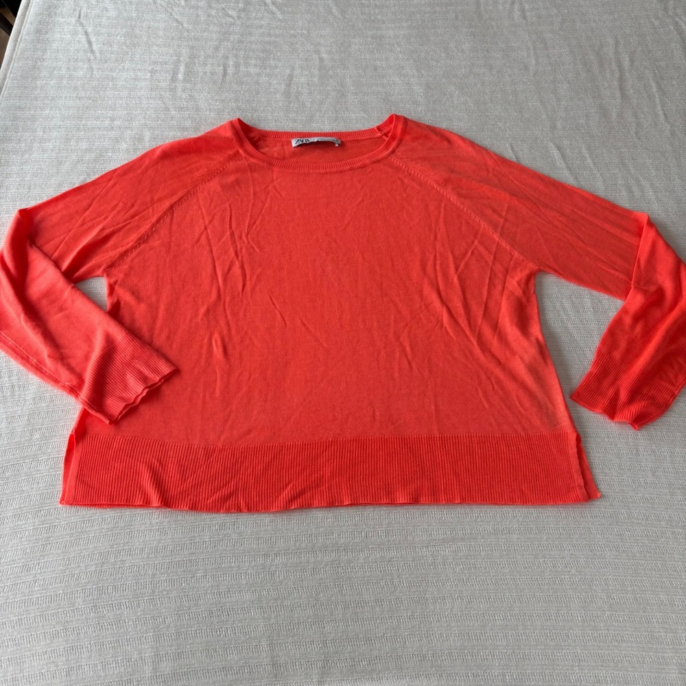 Zara Women Neon Coral Orange Raglan Knit Sweater Viscose Blend Size S Pullover - Picture 2 of 9
